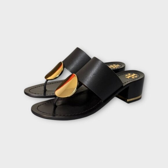 Tory Burch Patos Block Heel Sandal 6 Black Gold Leather 45mm Worn 1x Minimalist - Picture 4 of 11